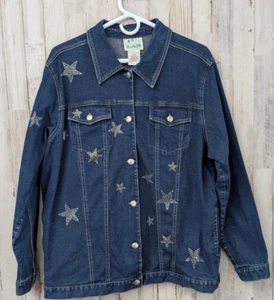 Quacker Factory Denim Trucker Jacket Womans L Blue Jean Rhinestone Stars Pockets - Picture 1 of 12