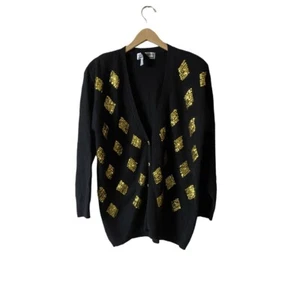 Vintage SK and Company Black Cardigan Sweater Gold Diamond Sequins Women's Sz 1X - Picture 1 of 4