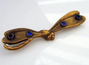 Estate Rare Vintage Art Nouveau Dragonfly Bronze Blue Facet Art Glass Pin Brooch - Picture 1 of 5