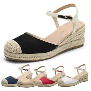 Women Espadrilles Platform Wedge Ankle Strap Close Toe Casual Dress Shoes - Picture 1 of 42