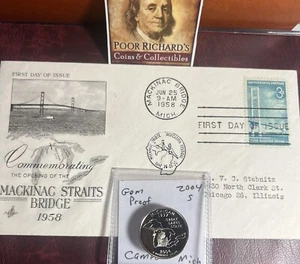 Michigan Coin & Cover Set 2004S Proof State Qtr & 1958 Mackinac Bridge. FDC FD89 - Picture 1 of 7