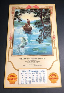 1928 Shell Oil Gas Calendar Sign Service Station Lockport Illinois Fishing art - Picture 1 of 9