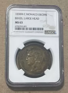 Monaco - 1838 Brass Decime (NGC MS 63) - Picture 1 of 4