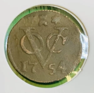 Moneda de centavo de Nueva York 1754 colonial holandesa de las Indias Orientales de los Países Bajos VOC Duit Zeeland - Imagen 1 de 4
