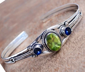 Peridot Cut, Blue Tanzanite Gemstone Bracelet 925 Sterling Silver Bangle Cuff - Picture 1 of 5