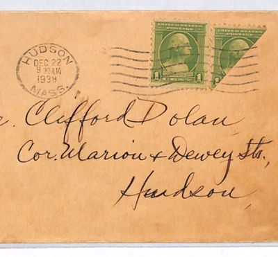 USA Cover Hudson 1c *BISECT* VARIETY Massachusetts 1938 {samwells-covers}YH430 - Image 1 of 4