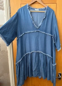 MADE IN ITALY Blue 100% Cotton Chambray Fringe Tiered Tunic Top One Size Plus - Picture 1 of 13