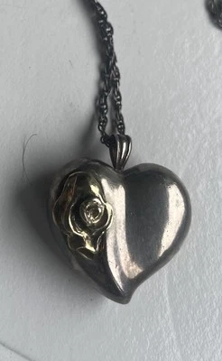 Collar de cadena vintage Gorham de plata de ley 925 con colgante de corazón y flor de 16 pulgadas Foto 1 de 4