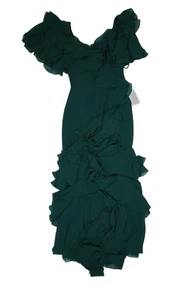 Badgley Mischka Dress Womens 2 Dark Emerald Ruffle Off Shoulder Gown EG2811 - Picture 1 of 11