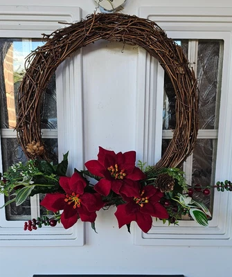 Christmas Door Hanging Decoration Artificial Poinsettia Flowers Cones Handmade - Image 1 of 4