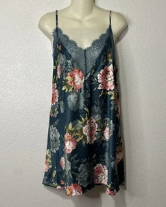 In Bloom by Jonquil Blue Floral Satin Lace Slip Dress Cami L Adjustable Straps - Picture 1 of 8