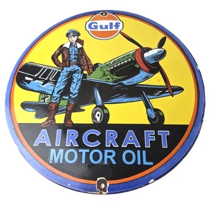 Vintage Gulf Gasoline Schild - Pilot Flugzeug Aircraft Porzellan Zapfsäule Schild - Bild 1 von 14
