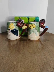 Vintage HAND PAINTED FLORIDA OR HAWAII TROPICAL TIKI COFFEE MUG Pair New In Box - Picture 1 of 14