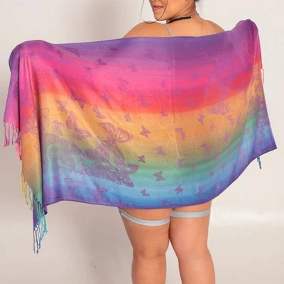 Pashmina Arco Iris Mariposa Flecos Boho Eléctrico Envolvente Bufanda Alrededor  Foto 1 de 4