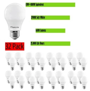 32 Pack Light Bulbs Maxlite 100W Equivalent LED Soft White 2700K A19 Dimmable - Picture 1 of 6