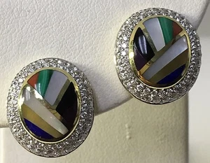 Asch Grossbardt 14k Y/ Gold Inlaid Multicolor Stone w/Diamonds 1.15ct Earrings - Picture 1 of 5