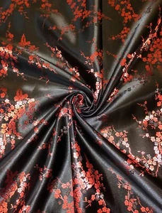 1 Meter Black Floral Blossom Chinese Brocade Fabric 45” Wide Dress Upholstery - Picture 1 of 5