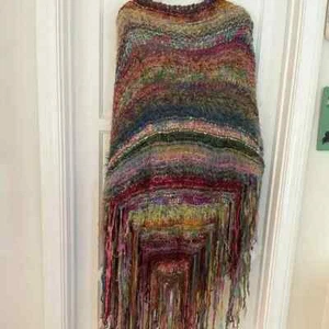 HANDGEFERTIGT böhmischer Hippie-Strick mehrfarbiger langer Fransenschal - Bild 1 von 10