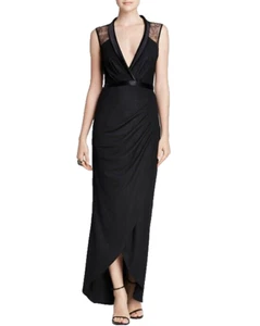 ABS Allen Schwartz ~ Black Crepe Jersey Satin Lapel Lace Back Gown XS NEW $492 - Picture 1 of 4