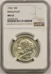 1936 Bridgeport 50C NGC MS 63 Silver Commemorative Half Dollar - Picture 1 of 4