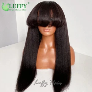 Yaki Straight Wigs With Bangs Scalp Top Machine Made Human Hair Wigs For Women - Picture 1 of 12