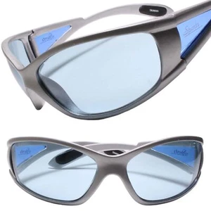 Classic Wrap Around Vintage Sporty Design Silver Sunglasses Blue Lens - Picture 1 of 3