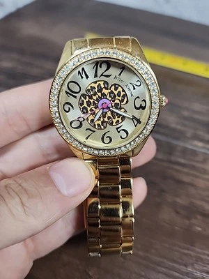 Betsey Johnson Watch Women Gold Tone Animal Print Flower Dial New Battery 6.75" - Image 1 of 4