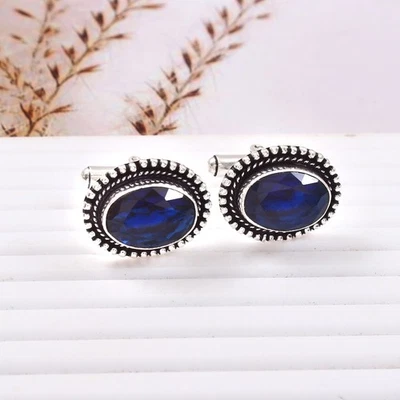 925 Sterling Silver Natural Blue Tanzanite Gemstone jewelry Handmade Cufflinks - Image 1 of 3