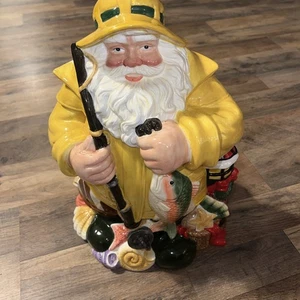 Vintage handbemalte Keramik Fischer Keksdose Weihnachtsmann Haus für die Feiertage 16x11 - Bild 1 von 15