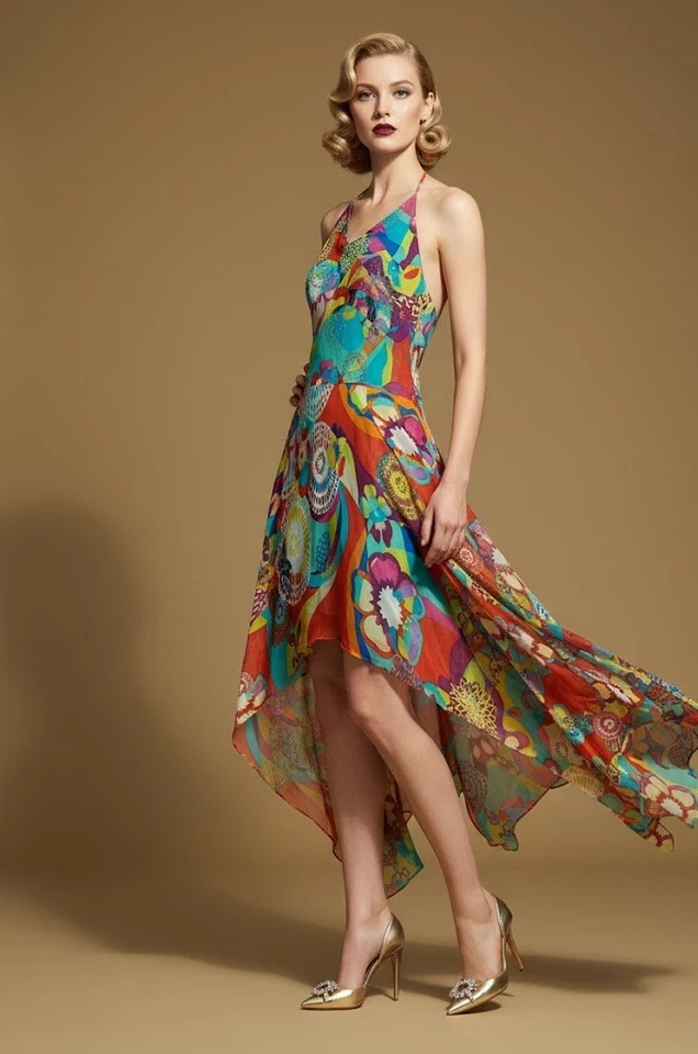 Vestido midi halter con cuentas de seda David Meister | Vintage Y2K talla 8 estilo de moda Foto 1 de 4