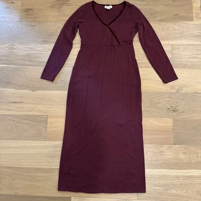 Vintage Eddie Bauer Maxi Dress Small Burgundy Cotton Spandex Velvet Trim 90s Y2K - Image 1 of 4