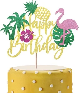 1 Pack Happy Birthday Cake Topper Tropical Luau Cake Pick Glitter Flamingo - Picture 1 of 7