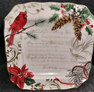 222 Fifth HOLIDAY WISHES s/ 2 DINNER PLATES Red Cardinal Poinsettia SQUARE bird - Image 1 of 4