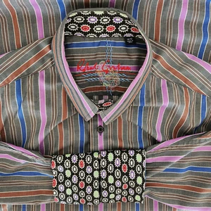 Robert Graham Mens Shirt Multicolor Striped Design Embroidered Flip Cuff Medium - Foto 1 di 9