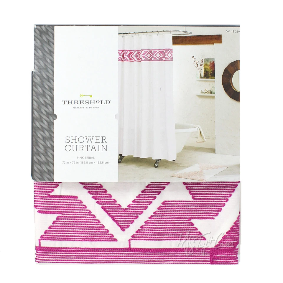 НОВАЯ тканевая занавеска для душа Threshold с вышивкой розовая племенная 100% хлопок 72x72 дюйма - Изображение 1 из 1