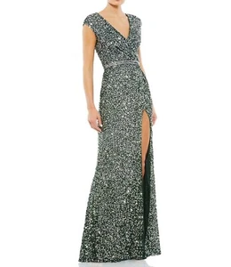 Mac Duggal Pailletten V-Ausschnitt Overknee Schlitz ärmellos Etuikleid grün Gr. 2 NEU - Bild 1 von 21