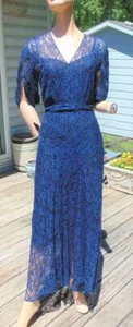 VTG 1930S BLUE ALENCON LACE DRESS WITH DECO STITCHING MED TO LG - Picture 1 of 12