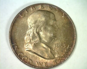 1953-D FRANKLIN HALF DOLLAR GEM+ UNCIRCULATED FULL BELL LINES FBL NICE TONING - Picture 1 of 2