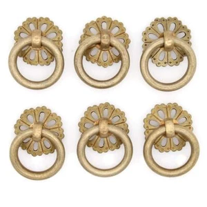 6 Pcs Antique Brass Cabinet Drawer Pull Knobs Cupboard Drop Ring Knobs - Picture 1 of 6
