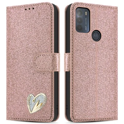 For Motorola Moto G50 Phone Case Leather Bling Glitter Wallet Flip Stand Cover - Image 1 of 4