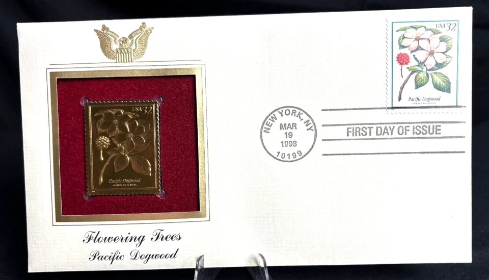 Flowering Trees Pacific Dogwood~32c USA Gold Stamp 1st day issue ~ 22k Replica - Image 1 of 4