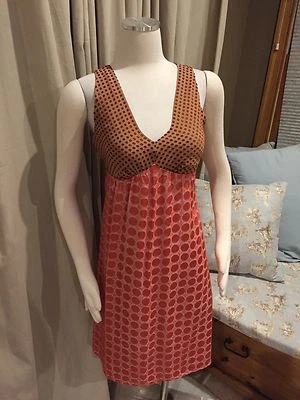 Ограниченный медный коричневый розовый горошек империи галстук назад платье 4 шелковая смесь EUC - Изображение 1 из 4