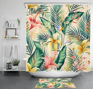 Summer Green Palm Leaf Pink Floral Beige Shower Curtain Bathroom Accessories Set - Picture 1 of 21