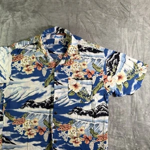 Vintage Y2K Utility Hawaiian Shirt Floral Mountain Print Rayon Camp Shirt Large - Picture 1 of 7