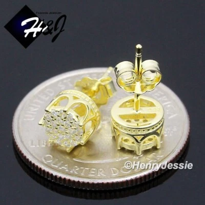MEN 925 STERLING SILVER ICY CZ 7MM ROUND CROWN GOLD PLATED 3D STUD EARRING*GE227 - Image 1 of 2
