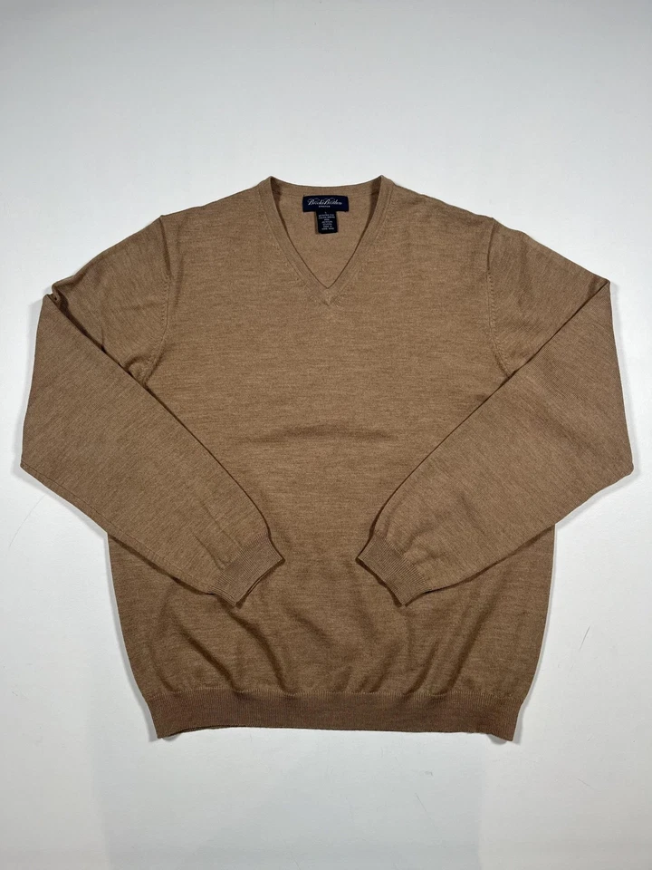 Suéter Brooks Brothers Para Hombre Grande Marrón Cuello en V Italiano Lana Merino Extra Fina Foto 1 de 4