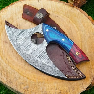 Coltello Ulu damascato fatto a mano coltello da cucina vintage Alaskan coltello chef manico legno - Foto 1 di 6