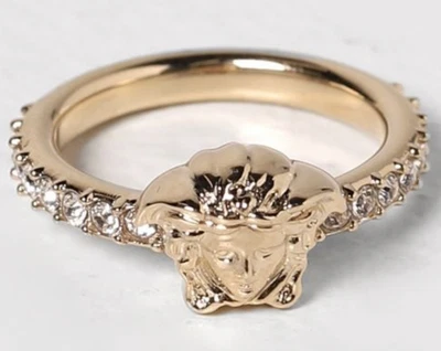 全新带盒 Versace Tribute Medusa 头饰标志水晶表带金色黄铜戒指 21 美国 9 $495 — 第 1/4 张图片