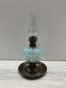 RARE Vintage Blue Opalescent Sheldon Swirl Miniature Kerosene Lamp - Picture 1 of 5