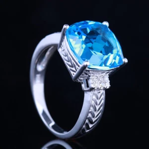 Fine Jewelry Cushion Swiss Blue Topaz Real Diamonds Wedding Ring 10K White Gold - Picture 1 of 6